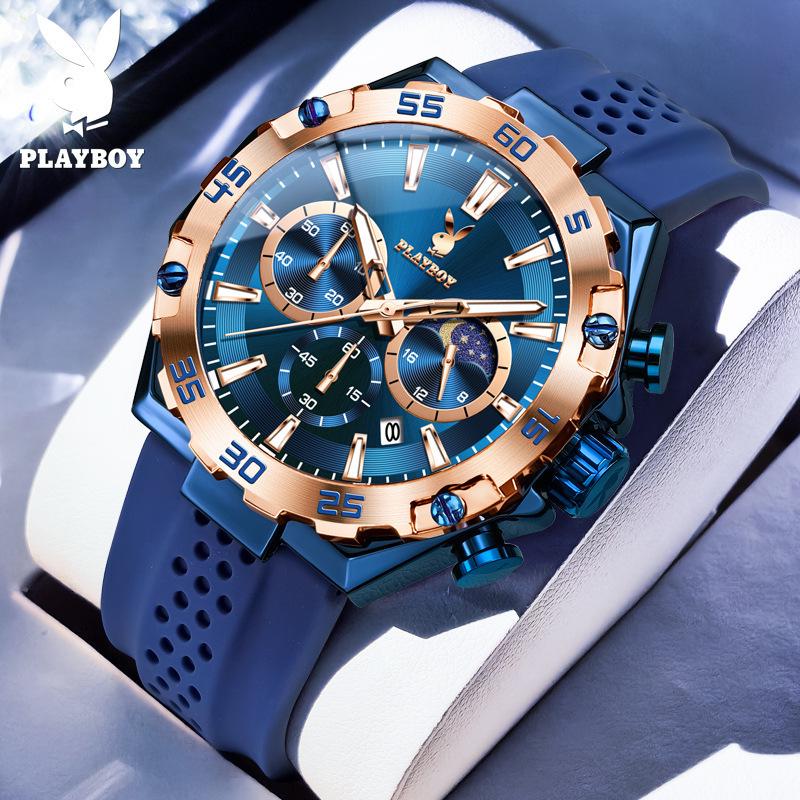 Playboy Men's Multi-Function Waterproof Sports Watch with Large Dial and Three Eye Design.