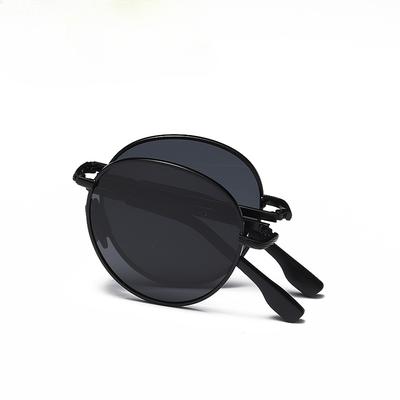 Folding Polarized Sunglasses for Men Women Couples Round Frame Black Glasses