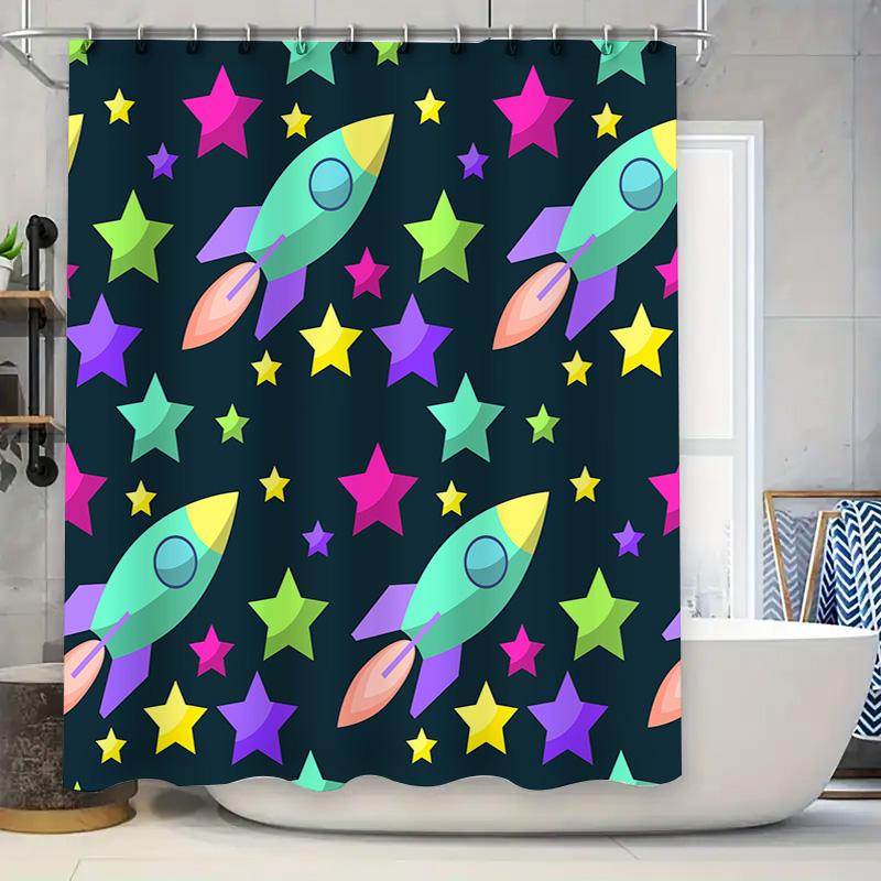 

Brightly Colored Rocket Ships Shower Curtain For Kids Bathrooms Waterproof Fabric Print Decorative Bathroom Accessories Set Incl W60H190(CM)-1 Pcs