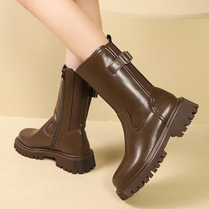 Platformové dámské sněhule do půli lýtka na středním podpatku, značkové kožené boty, zimní módní robustní Chelsea boty, trendy goth obuv
