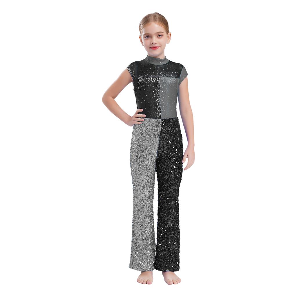 Mädchen Jazz Jumpsuit Ärmellos Mock Neck Keyhole Rücken Design Glitzernder Farbblock Pailletten Bühnenkostüm