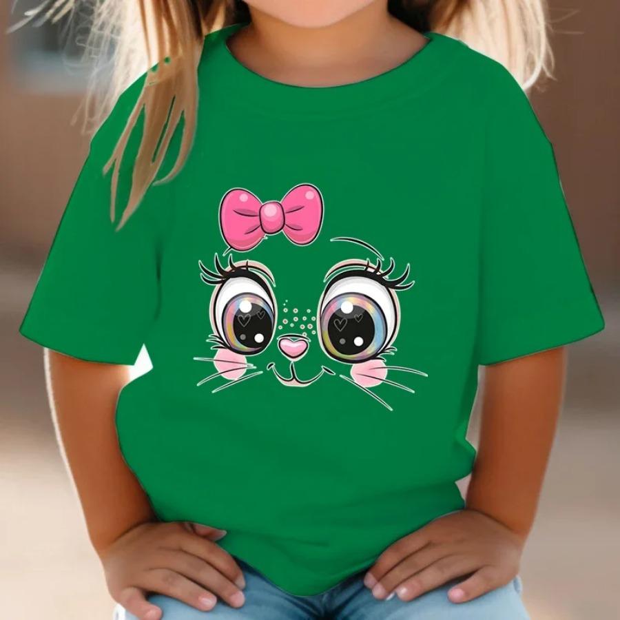 Teen Girl Clothes Pink Bow Cat Girl T-Shirt Summer Fashion Crew Neck Junior Girls' Clothing Short Sleeve Outdoor Children Top