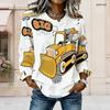 Women Plus Size Round Neck Long Sleeve Cartoon Dozer Tiger Printed White Curved Hem Top With Pockets