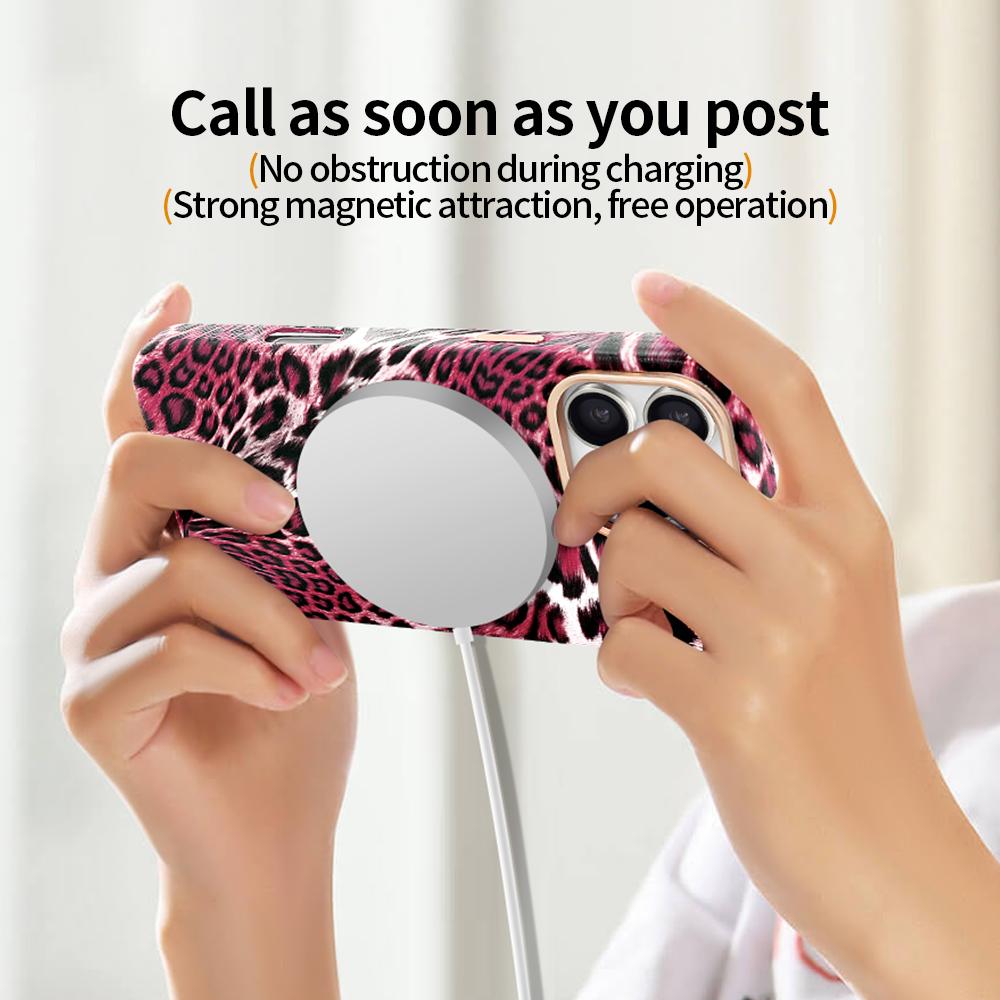 For iPhone 16 Pro Max Case Compatible with MagSafe Leopard Texture PU+PC Phone Cover