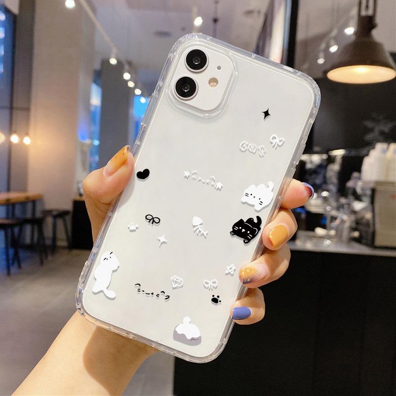 Cute Kawaii Cat Dog Sticker Phone Case for iPhone 17 16 15 14 13 12 11 Pro Max Plus Korean Style Shockproof Clear Soft TPU Cover