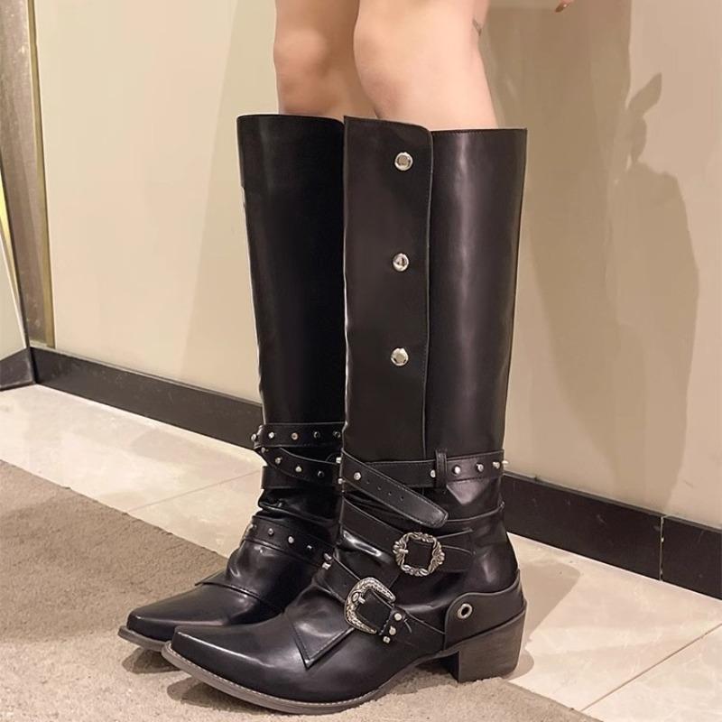 Rivet Pointed Knight Boots Design Sense Spice Girl Retro Black Punk Pants Boots Small But Knee Boots