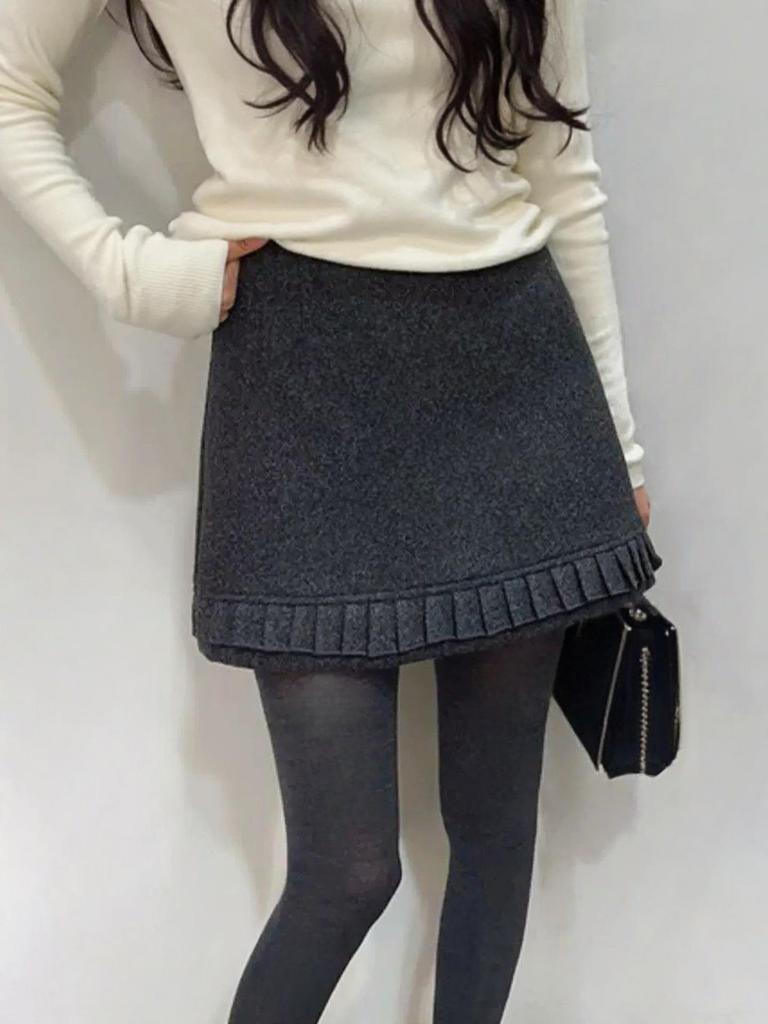 2025 Korean Style High-Waisted Woolen A-line Lace Skirt for Autumn/Winter