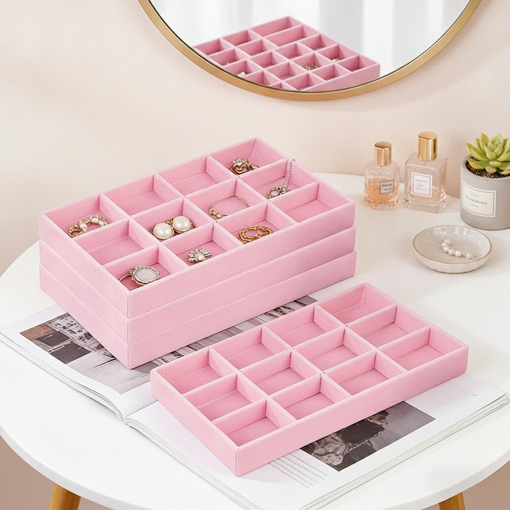 Hot Jewelry Organizer Velvet Jewelry Storage Tray Ring Bracelet Necklace Storage Box Showcase Drawer Organizer Trays Pink 4Pcs