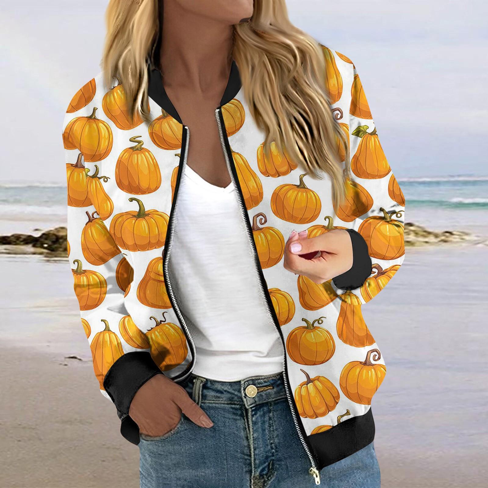 

Куртки для женщин с длинным рукавом, легкие, на молнии, укороченные, с принтом на Хэллоуин, верхняя одежда, повседневные стеганые куртки с карманами L оранжевый