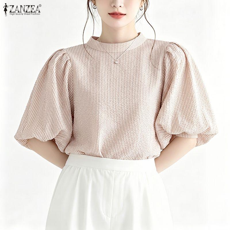ZANZEA Women Casual Stand Collar Loose Half Sleeve Stripe Blouse