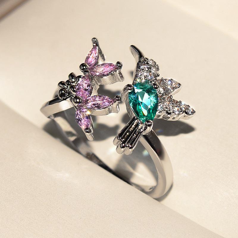 European Creative Bird Flower Opening Rings for Women Unique Chic Inlaid Pink Green Zircon Adjustable Rings Jewelry gift