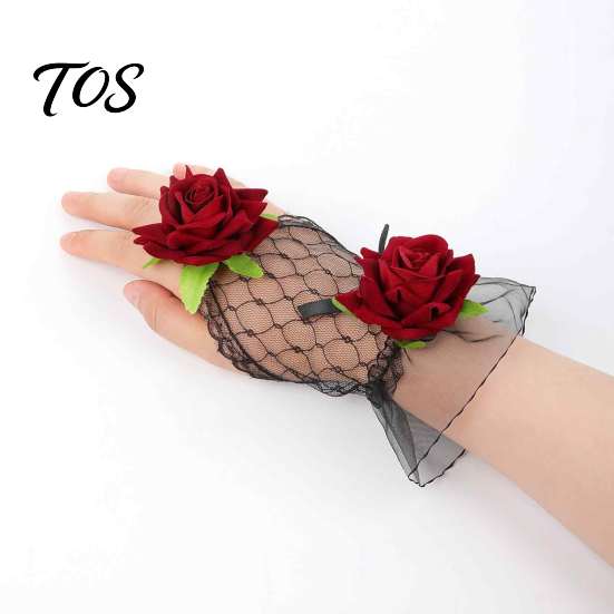 Elasticated Lace Hand Flowers Gothic Fingerless Glove, Elastic Short Sleeve, Wine Red Rose Bracelets Flower Wrist Cuff for Women Girls, Wedding,
