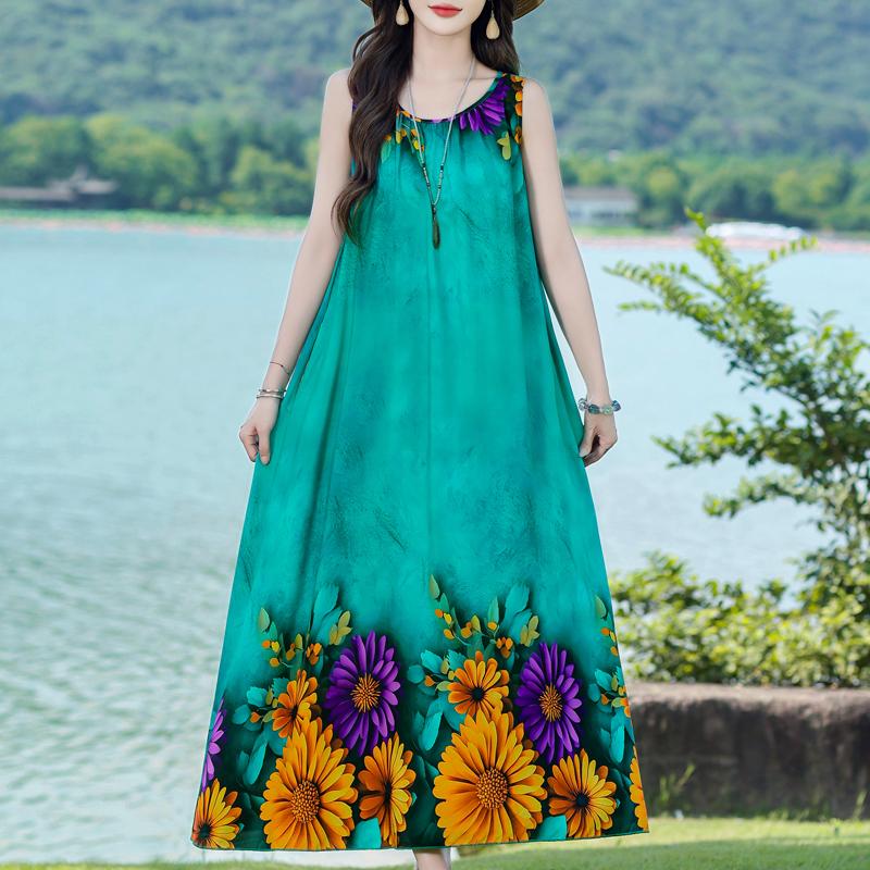 Damen Sommerkleid Vintage Kleidung Lässig Ärmellos Lange Kleider