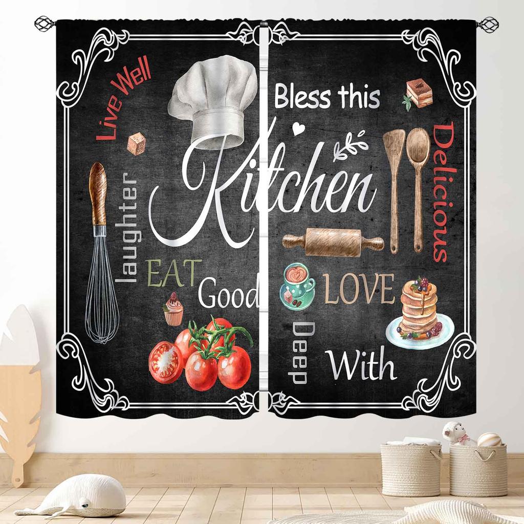 Retro Tableware Kitchen Text Curtain Panels,Distressed Wood Fork Spoon Sweet Home Slogan Full Print Drapes For Bakery Cafe Decor