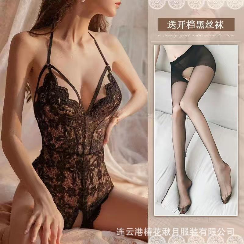 Sexy Female Sexy Backless Perspective Tight Lace Onesie Open Crotch Free of Temptation A99