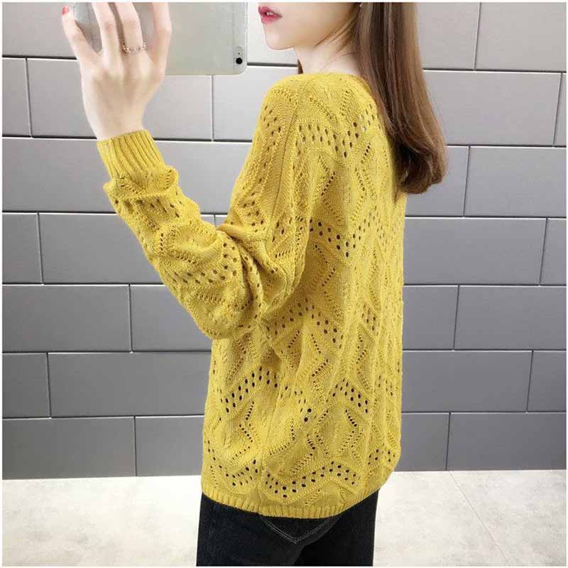 Plus Size Hollow-out Knit Women's Pullover Spring and Autumn V-neck Top Loose Outer Sweater