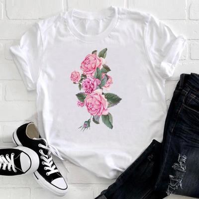 (Asya Boyutu)Tee Üst Moda Tişört Giyim Çiçek Tatlı 90'lar Sevimli Trend Rahat Kısa Kollu Kadın Baskılı Bayan Kadın Grafik Tişört