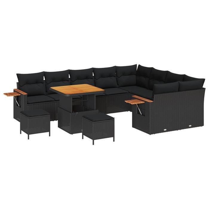 Ensemble de canapé de jardin 12 pièces vidaXL avec coussins Noir Poly Rattan Acacia, Ensemble de salle à manger de jardin 3 3365159