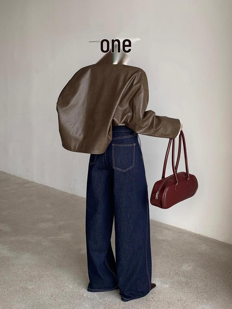 Women's Dark Blue High Waist Wide Leg Jeans - Retro Washed Floor-Length Cotton Pants for Autumn
