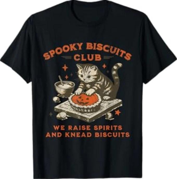 Spooky Biscuits Club Cat, Funny Halloween Baking Tee T-Shirt L