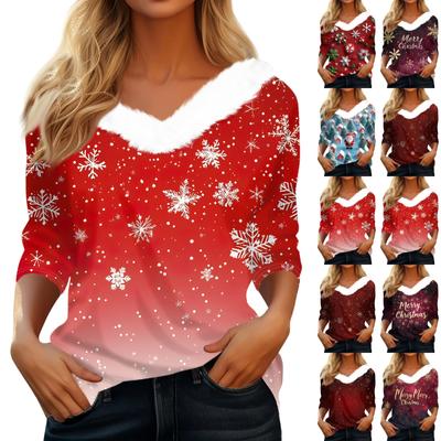 3/4 Sleeve Shirts For Women Christmas Printed Graphic Tees Blouses Casual Plus Size Basic Button Tops Pullover