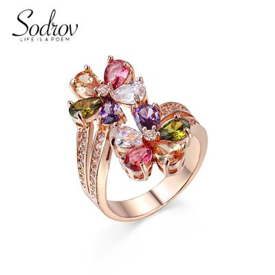 SODROV Rose Gold Plated Creative Colorful Zircon Flower Shape Rings for Women