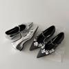 Sheepskin Sparkling Sequins Flower Silver Shoes Niche Mary Jane Shoes Women's Flat Bottom Inner Height Increasing Pointed Shoes