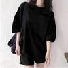 Women Casual Sportswear Set Korean Loose Solid Color Elbow-sleeve Top & Five-point Shorts Two-piece Outfit Ready Stock