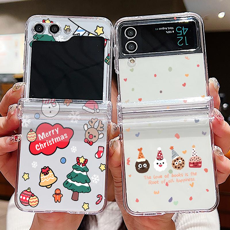 Christmas Santa Elk Print Case For Samsung Galaxy Z Flip 6 5 4 3 Hard Folding Clear Phone Cover For Samsung Z Flip5 Flip4 Flip6
