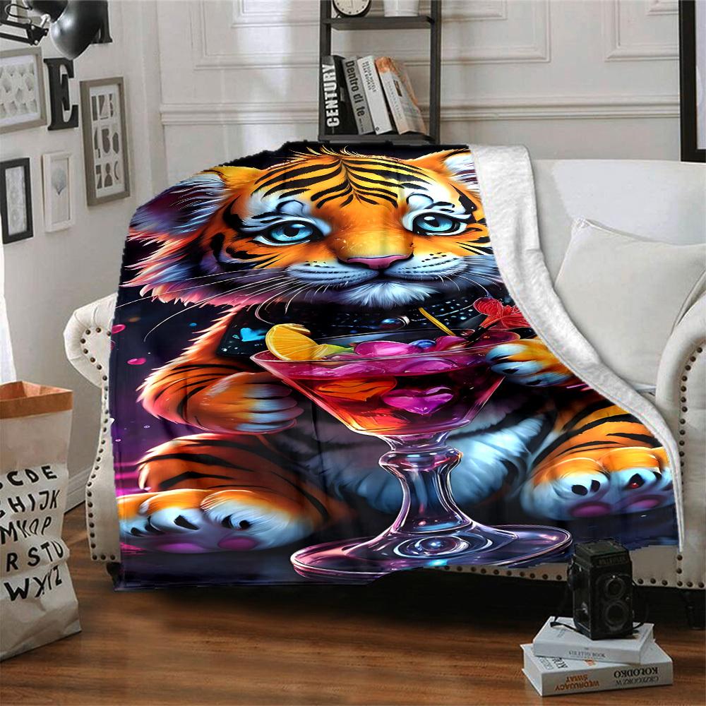 1pc Tiger Cocktail Glass Blanket Lightweight Flannel Blanket Throw Blanket For Sofa, Bed, Travel, Camping, Livingroom, Couch, Chair, And Bed yy2509026