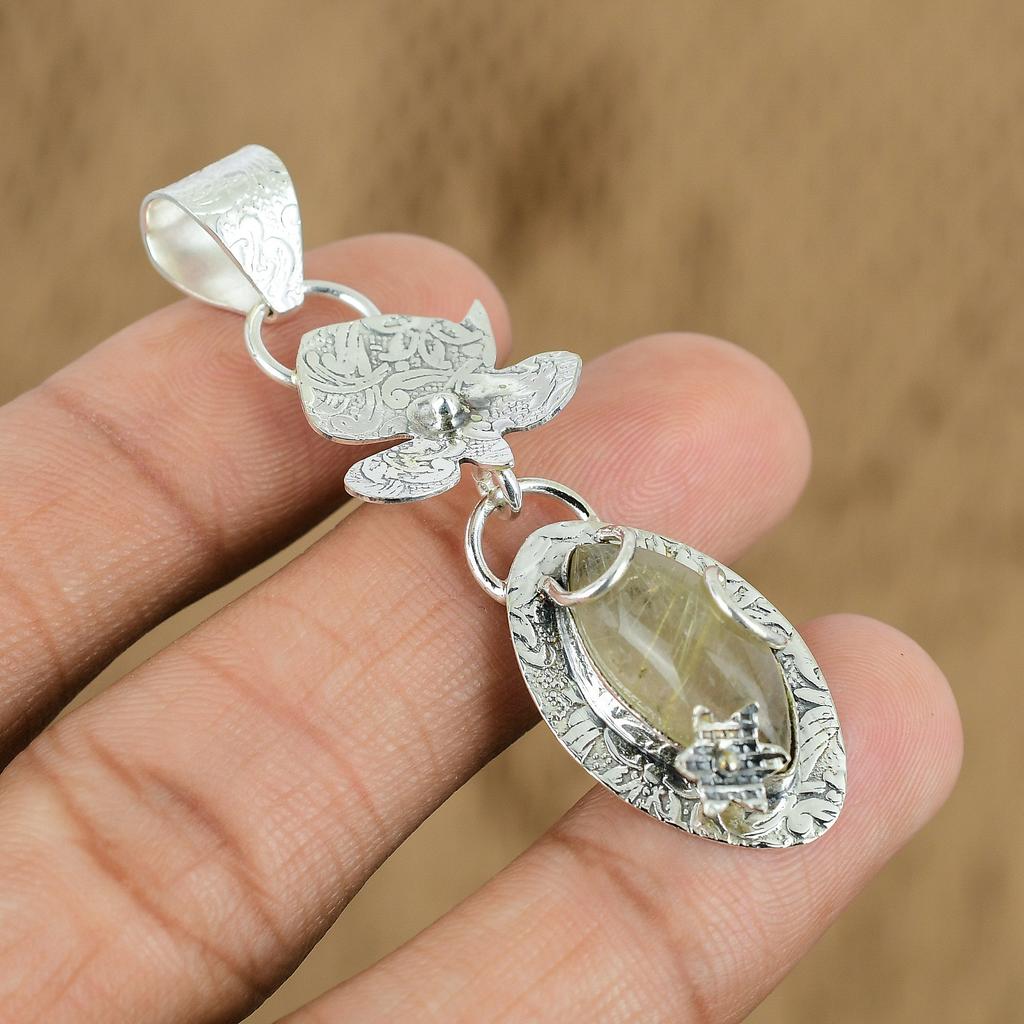 Womens Day Deal Golden Rutile Stone 925 Silver Engagement Mother Pendant Jewelry