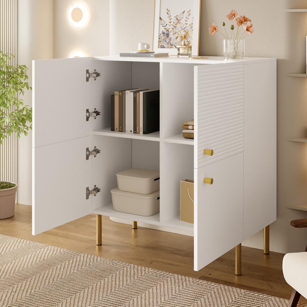 Modern White Sideboard Made of MDF with Zinc Alloy Handles & Steel Legs – Stylish Storage Furniture for Living Room, Bedroom & Hallway