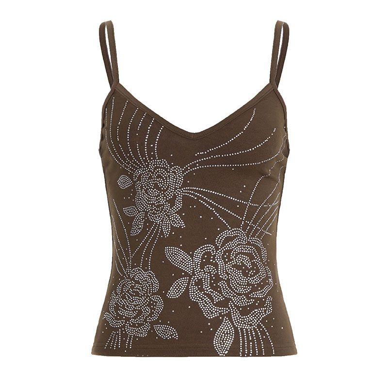 American Retro Style Floral Print Spicy Girl Camisole Top with V-Neck, Low-Cut, Backless, Slim-Fit Undershirt for Women Brown S