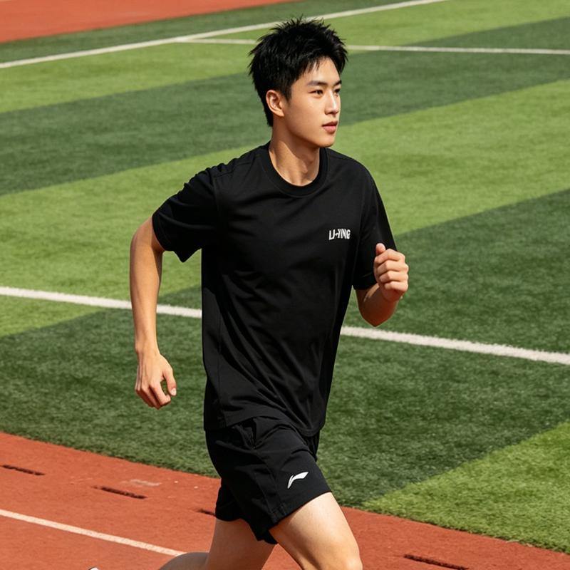 Li-Ning Summer Mens Short Sleeve Shorts Fashion Trend Comfortable Breathable Moisture Wicking Casual Sports Suit Men Suit Black AHSW275-4+YATV113-1