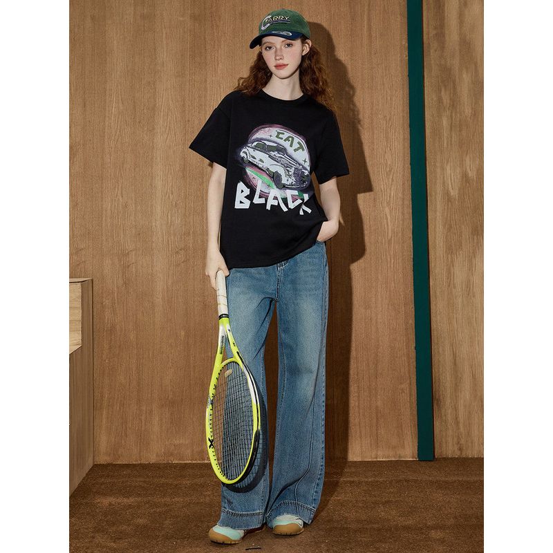 Coolhut American Car Retro Printed Letter Round Neck Lazy Style Loose 2025 Summer Women's T-Shirt