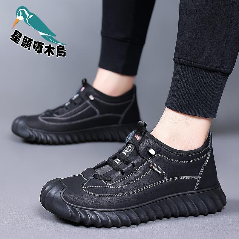 Woodpecker Men's Shoes Autumn New Soft-soled Leather Shoes Men's Velvet Cotton Shoes Casual Shoes Household Shoes