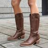 New Fashion Retro Punk Rivets Western Boots Women Square Toe Chunky High Heels Slip On Mid-calf Riding Boots Large Size 41 42 43