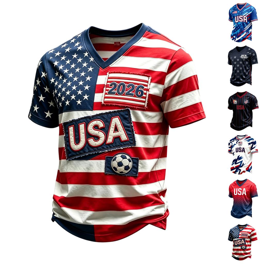 Men's Casual V Neck Short Sleeve Shirt Lightweight Breathable Fabric Printed Design USA Flag Themed Patchwork Summer Top
