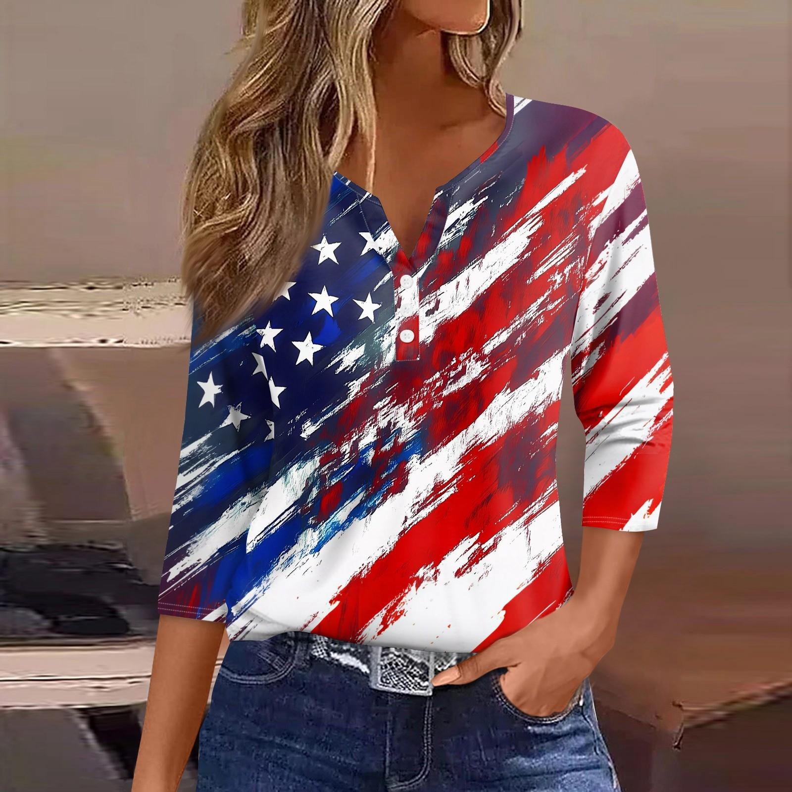 

Жен. Футболка С принтом Пуговицы Рукав 3/4 Повседневные Выходные Мода Классический Классический V-образный вырез Обычный Верх M красный