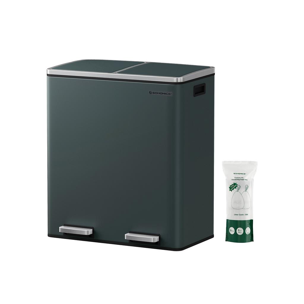 SONGMICS Double Rubbish Bin, 2 x 30 L Dual Compartment Kitchen Bin with 15 Rubbish Bags, Metal Pedal Bin with Plastic Inner Buckets and Lids