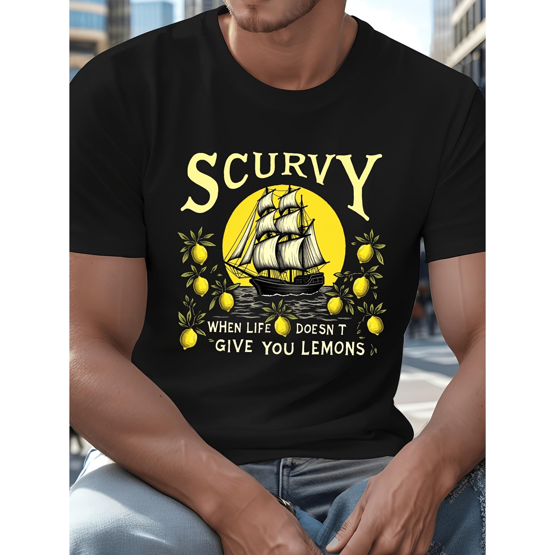 Scurvy Pirate Ship Graphic Tee Nautical Lemon Print Men s Casual Cotton Crew Neck T-Shirt S