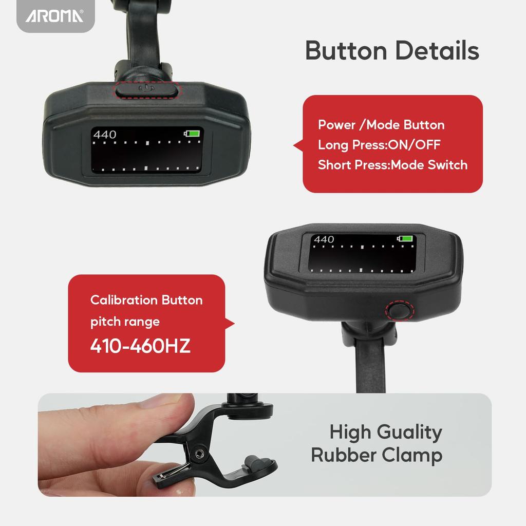 Aroma Supports TFT Easy to Read Even in Strong Rotating Compatible with and Ukuleles Clip-on Tuner, Rechargeable, High-Speed Tuning, High-Performance