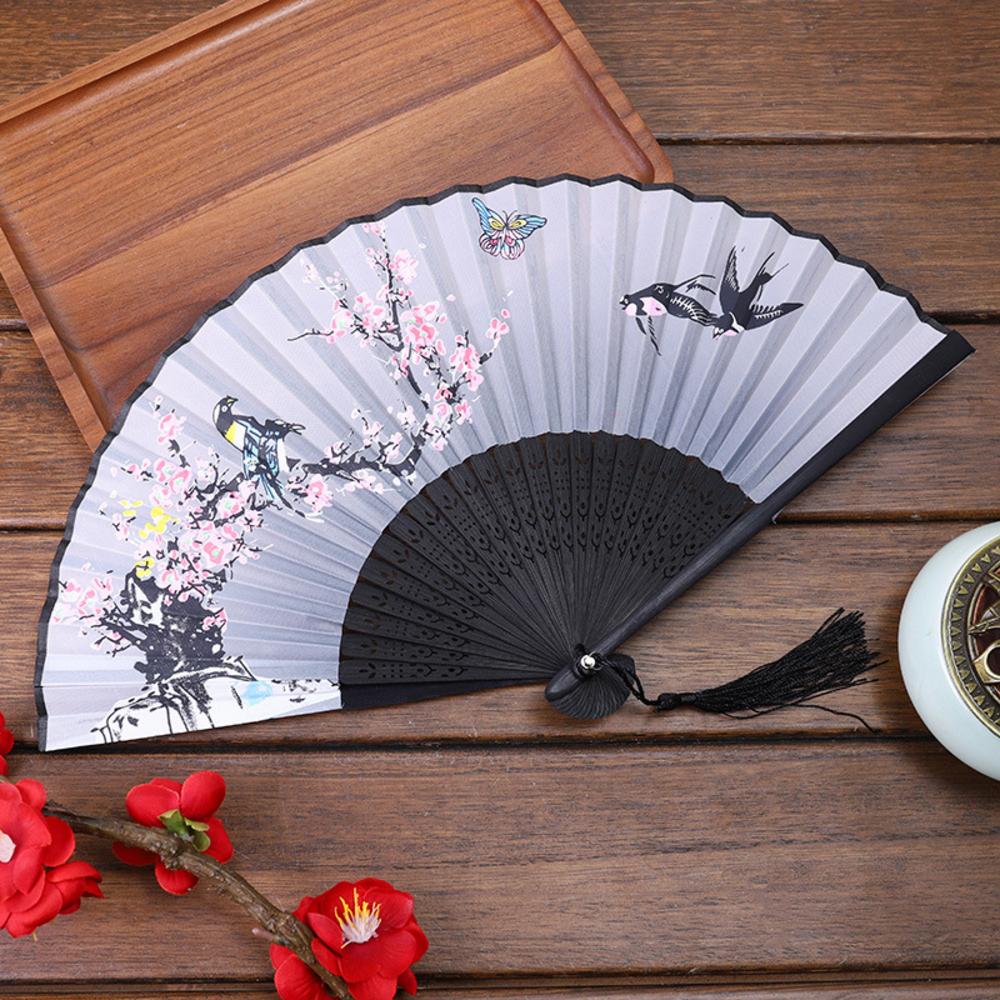 Chinese Japanese Folding Fan Wooden Shank Classical Dance Fan Tassel Elegent Female Fan Party Art Craft Gift Home Decoration