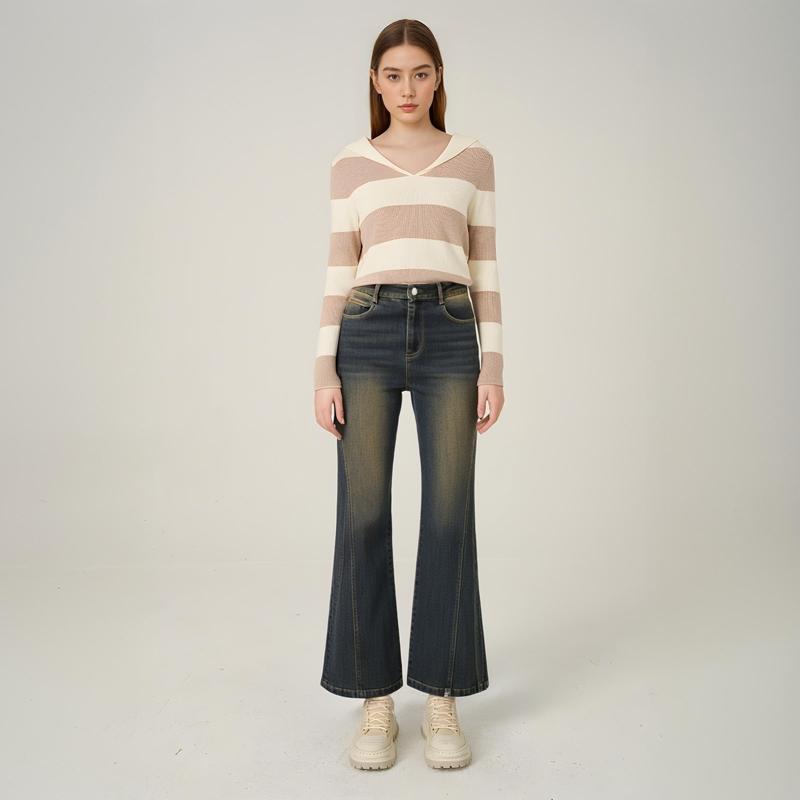 Elle American Vintage Comfortable Casual Simple Slim Flare Jeans Women bottoms Gray Blue L7CQF001