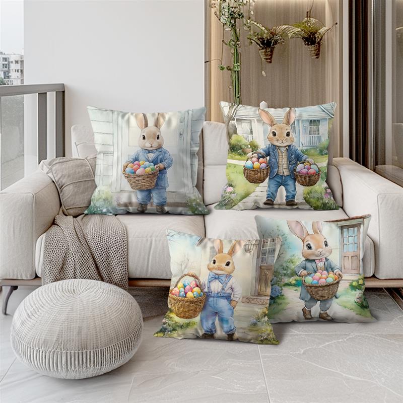 1 Pc Cute Bunny Cushion Cover Farmhouse Home Decor Pillowcase Cartoon Rabbit Printed Cushion Pillows Cover Happy Easter Decor