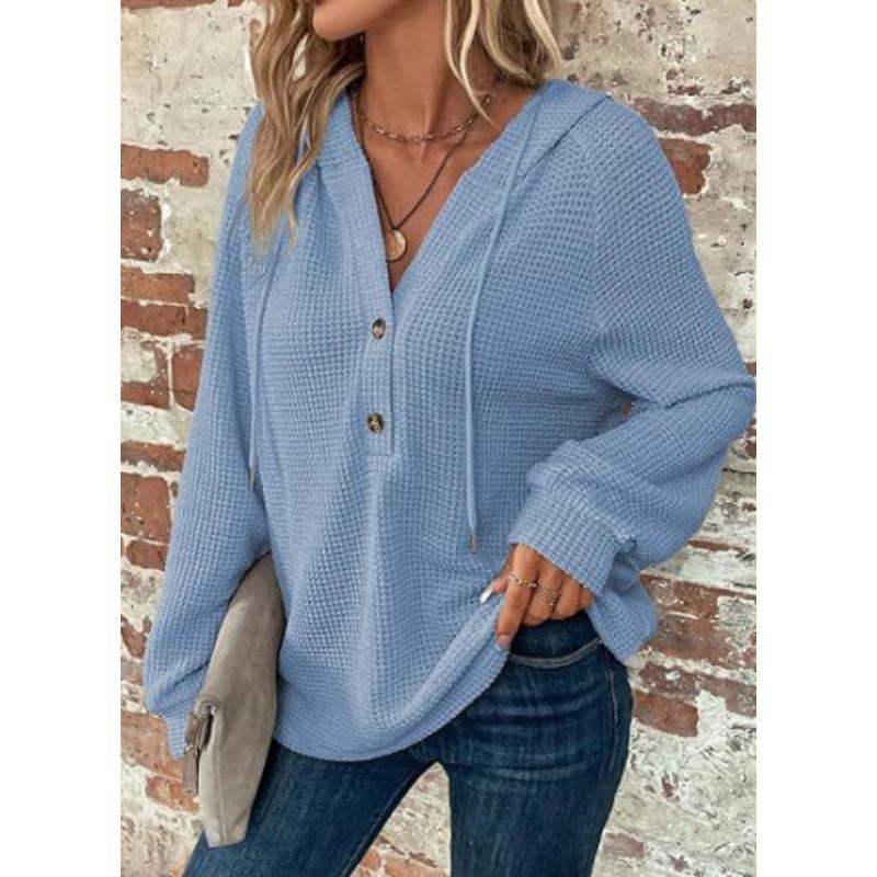 Women S Solid Color Hooded Buttoned Long Sleeve Sweatshirt