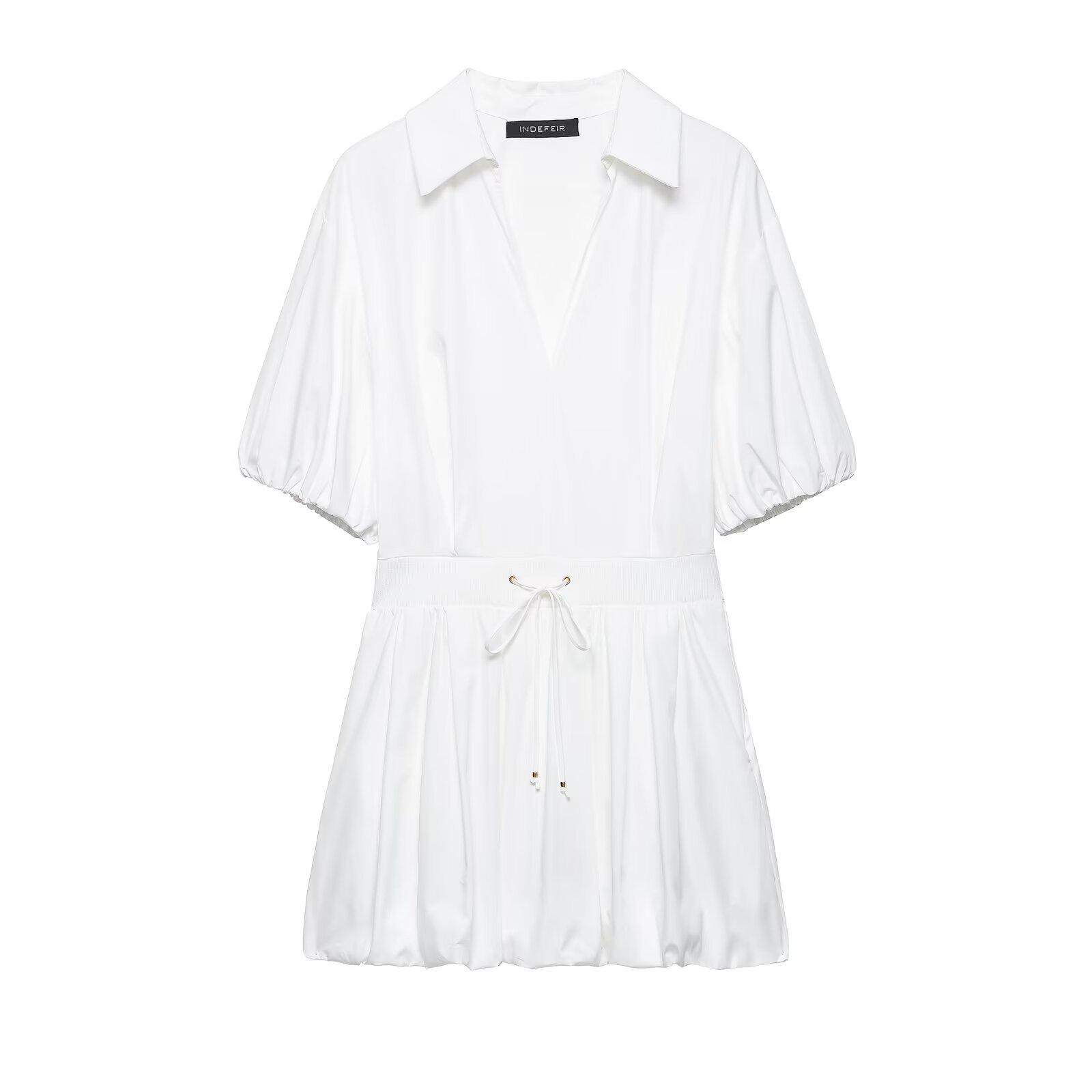 Spring 2026 Elegant French White Slim-Fit Lantern Sleeve Dress L