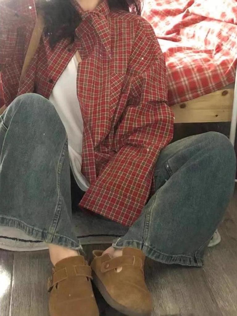 Women's Retro Red Plaid Loose Long-Sleeve Shirt - Spring/Autumn Stylish Top
