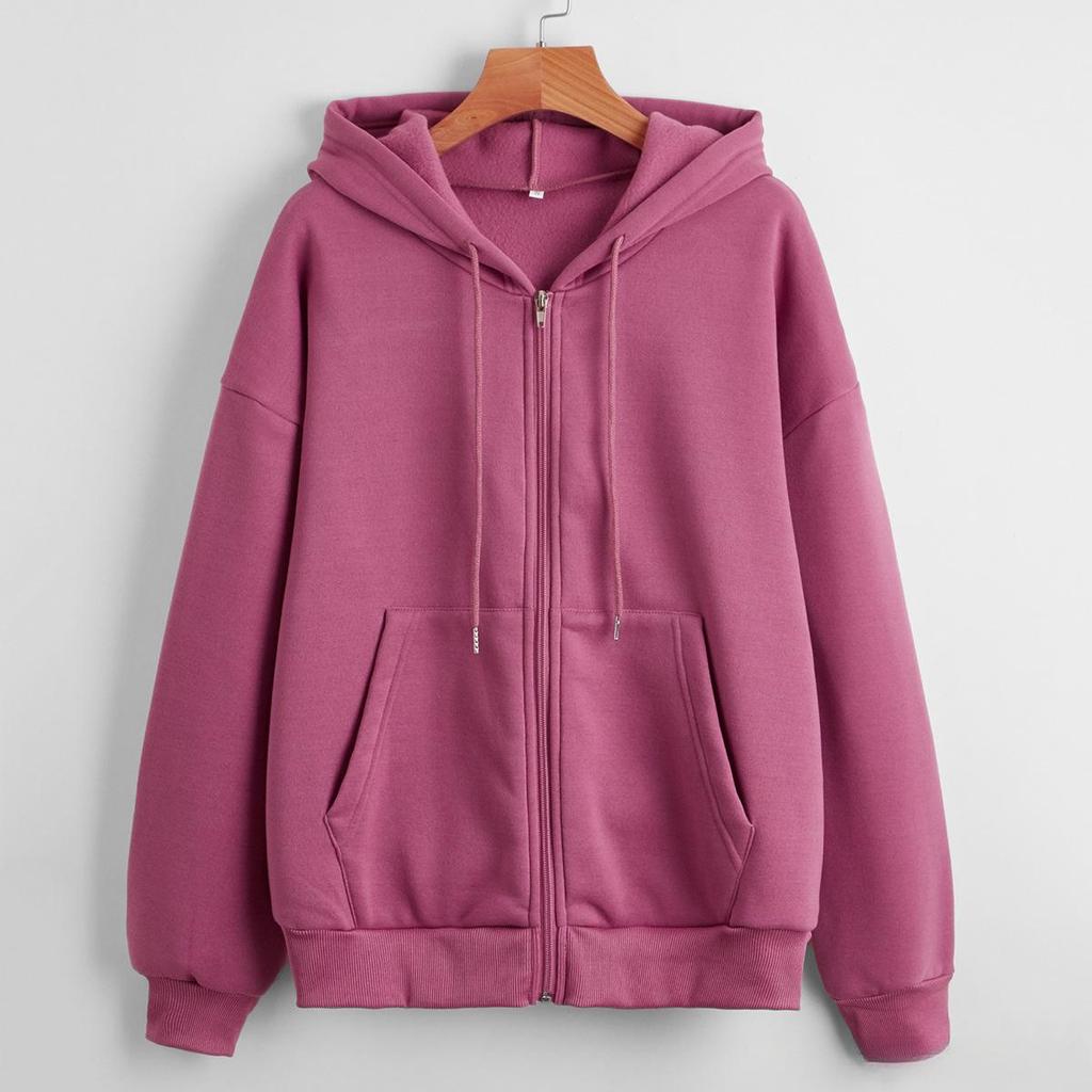 Suéter de Otoño para Mujer con Felpa Plus Suéter con Capucha para Mujer Color Sólido Cremallera Chaqueta Holgada Estilo Casual Top