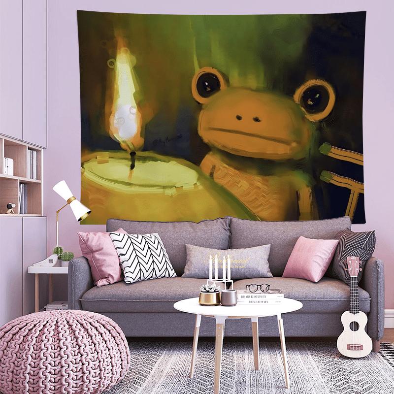 Melancholic Frog and Candle Tapestry Comfortable Wall Hanging Suitable for Room and Living Room Decoration